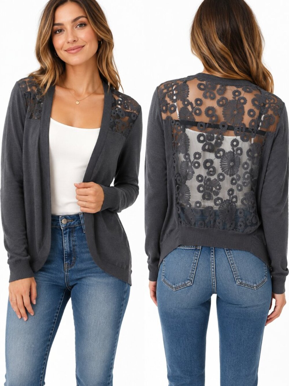Dots Gray Lace Back Open Front Cardigan Size L